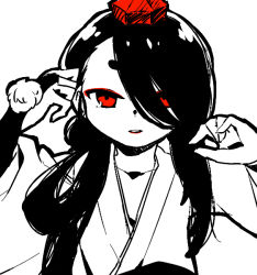 Rule 34 | 10s, 1boy, bridal gauntlets, hair over one eye, hat, ima-no-tsurugi, japanese clothes, long hair, looking at viewer, male focus, monochrome, parted lips, pom pom (clothes), red eyes, simple background, solo, spot color, tokin hat, touken ranbu, ukata, upper body, white background
