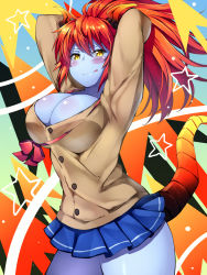 Rule 34 | 1girl, :q, arms behind head, arms up, blue skin, blush, breasts, cardigan, cleavage, colored skin, curvy, decchi oyabun, demon girl, demon tail, female focus, hera (p&amp;d), highres, horns, huge breasts, long hair, looking at viewer, puzzle &amp; dragons, red hair, school uniform, skirt, smile, solo, star (symbol), tail, thick thighs, thighs, tongue, tongue out, wide hips, yellow eyes