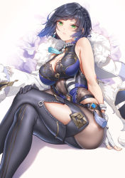 Rule 34 | 1girl, bare shoulders, blue hair, blush, bracelet, braid, breasts, cleavage, clothing cutout, coat, coat on shoulders, commentary request, crossed legs, dice, duplicate, earrings, fangxiang cuoluan, fingerless gloves, fur trim, genshin impact, gloves, gold trim, green eyes, highres, jewelry, lips, looking at viewer, medium breasts, mole, mole on breast, multicolored hair, parted lips, pixel-perfect duplicate, shadow, shiny clothes, shiny skin, short hair, simple background, sitting, skin tight, sleeveless, two-tone hair, white background, white gloves, yelan (genshin impact)