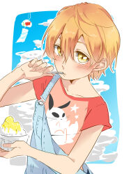 Rule 34 | 1girl, animal print, blue overalls, blush, border, closed mouth, cloud, collarbone, commentary request, day, eating, food, hair between eyes, highres, hoshizora rin, kashikaze, looking at viewer, love live!, love live! school idol project, orange hair, outline, outside border, overalls, rabbit print, red shirt, shaved ice, shirt, short hair, short sleeves, sky, solo, t-shirt, upper body, utensil in mouth, white border, white outline, wind chime, yellow eyes