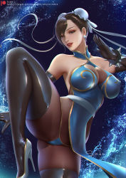 Rule 34 | 1girl, artist name, bare shoulders, black gloves, black thighhighs, bracelet, breasts, brown eyes, brown hair, bun cover, capcom, chun-li, cleavage, commentary, covered erect nipples, double bun, dress, earrings, elbow gloves, fighting stance, gloves, gold trim, hair bun, high heels, jewelry, leg up, lips, loincloth, looking at viewer, makeup, medium breasts, panties, parted lips, pelvic curtain, sade abyss, shiny clothes, short dress, signature, simple background, smile, spiked bracelet, spikes, street fighter, street fighter ii (series), thighhighs, underwear