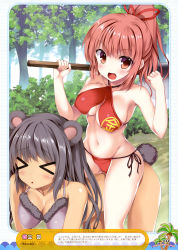 Rule 34 | &gt;:d, &gt; &lt;, 2girls, :d, absurdres, all fours, animal ears, bear ears, bear tail, bikini, black hair, blush, breasts, brown eyes, cleavage, collarbone, covered navel, dark-skinned female, dark skin, day, closed eyes, fang, forest, grey bikini, groin, hair ribbon, high ponytail, highres, kintarou, large breasts, long hair, looking at viewer, multiple girls, nature, navel, open mouth, original, outdoors, red bikini, red hair, red ribbon, ribbon, side-tie bikini bottom, sideboob, sitting, sitting on person, smile, swimsuit, tail, tateha (marvelous grace), tree, v-shaped eyebrows