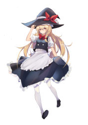 Rule 34 | 1girl, :/, absurdres, apron, back bow, black dress, black hat, black vest, blonde hair, bow, bowtie, braid, breasts, closed mouth, dress, full body, hair between eyes, hair bow, hand on headwear, hand up, hat, hat bow, hat ribbon, highres, kirisame marisa, long hair, looking to the side, puffy short sleeves, puffy sleeves, red bow, red bowtie, ribbon, short sleeves, side braid, simple background, single braid, small breasts, solo, standing, thighhighs, touhou, vest, white apron, white background, white bow, white ribbon, white thighhighs, witch hat, yellow eyes, yongzhe mei hong