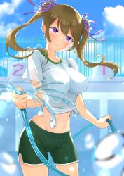 Rule 34 | 1girl, absurdres, bad id, bad pixiv id, blue sky, blurry, blurry background, breasts, breasts apart, brown hair, closed mouth, cloud, cowboy shot, day, empty pool, floating hair, green shorts, gym uniform, hair ribbon, head tilt, highres, holding, hose, large breasts, long hair, looking at viewer, midriff, navel, original, outdoors, pool, purple eyes, purple ribbon, ribbon, shinomiya ino, shirt, short shorts, short sleeves, shorts, sky, smile, solo, standing, stomach, summer, tied shirt, twintails, wet, wet clothes, wet shirt, white shirt