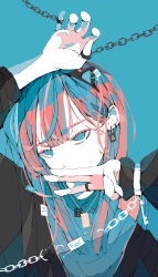 Rule 34 | 1girl, absurdres, arm above head, black jacket, blue background, blue eyes, blue hair, blue shirt, bound, bound fingers, chain, colored inner hair, commentary request, covering own mouth, ear piercing, earrings, head tilt, highres, jacket, jewelry, long bangs, long sleeves, looking at viewer, middle w, multicolored hair, no pupils, nocopyrightgirl, open clothes, open jacket, original, pale skin, pendant, piercing, portrait, red hair, ring, shirt, sleeves past wrists, solo, w