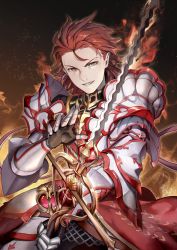 Rule 34 | 10s, 1boy, armor, fire, granblue fantasy, hair slicked back, holding, holding weapon, long hair, looking at viewer, male focus, mikurou (nayuta), percival (granblue fantasy), rapier, red eyes, red hair, solo, sword, upper body, weapon