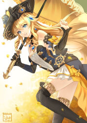 Rule 34 | 1girl, absurdres, artist name, bare shoulders, black collar, black eyes, black gloves, black hat, black thighhighs, blonde hair, blue brooch, blue eyes, breasts, collar, commentary, cowboy shot, detached collar, detached sleeves, drill hair, earrings, flower, genshin impact, gloves, grin, hat, hat flower, highres, holding, holding umbrella, jewelry, long hair, long sleeves, looking at viewer, medium breasts, navia (genshin impact), signature, single glove, smile, solo, teeth, thighhighs, umbrella, whyte srsn, zettai ryouiki