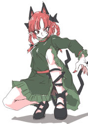 Rule 34 | 1girl, animal ears, black bow, black footwear, bow, braid, cat ears, cat tail, closed mouth, dress, extra ears, fingernails, full body, green dress, hair bow, isagi, kaenbyou rin, long sleeves, looking at viewer, multiple tails, nail polish, nekomata, pointy ears, red eyes, red hair, red nails, ribbon, shoes, simple background, sketch, solo, squatting, tail, touhou, twin braids, two tails, white background