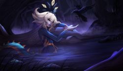 Rule 34 | 1girl, animal, bird, blue lips, crow, deh sofa, flipped hair, forest, grey hair, hair between eyes, highres, league of legends, long hair, long sleeves, nature, neeko (league of legends), night, orange eyes, outdoors, slit pupils, smile, solo, spiked tail, tail, tree, water