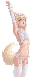 Rule 34 | 1girl, absurdres, animal ear fluff, animal ears, arm up, armpits, blonde hair, blush, breasts, commentary, detached sleeves, dog ears, dog girl, dog tail, english commentary, garter straps, half-closed eye, highres, hololive, hololive english, looking at viewer, meme attire, mococo abyssgard, multicolored hair, navel, one eye closed, open mouth, panties, pink hair, ribbed thighhighs, side-tie panties, simple background, sleeves past wrists, small breasts, snaileater, solo, standing, streaked hair, stretching, sweater, tail, thighhighs, turtleneck, turtleneck sweater, two-tone hair, underwear, virgin destroyer sweater, virtual youtuber, white background, white sweater, white thighhighs, yawning