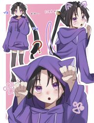 Rule 34 | 1boy, :o, ?, animal ear hood, animal hood, black hair, black thighhighs, blush, blush stickers, border, cat hood, contemporary, drawn ears, drawn tail, drawn whiskers, drawstring, fake animal ears, from behind, hands up, heart, highres, hood, hood up, hoodie, houjou tokiyuki (nige jouzu no wakagimi), long hair, long sleeves, looking at viewer, looking back, low-tied long hair, male focus, motoyui, nige jouzu no wakagimi, no mouth, no shoes, open mouth, outline, outside border, parted bangs, paw pose, paw print, pink background, pocket, ponytail, purple eyes, purple hoodie, rame angel71, sidelocks tied back, simple background, single blush sticker, sleeves past fingers, sleeves past wrists, standing, sweatdrop, thighhighs, very long hair, white border, white outline, zettai ryouiki