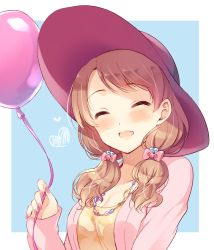 Rule 34 | 10s, 1girl, :d, ^ ^, balloon, blue background, blush, bow, breasts, brown hair, casual, cleavage, closed eyes, collarbone, facing viewer, fingernails, hair bobbles, hair bow, hair ornament, happy, hat, heart, holding, holding balloon, houjou karen, idolmaster, idolmaster cinderella girls, jacket, jewelry, komi zumiko, long hair, low twintails, medium breasts, nail polish, necklace, open clothes, open jacket, open mouth, pink bow, pink hat, pink jacket, pink nails, shirt, simple background, sleeves past wrists, smile, solo, swept bangs, twintails, upper body, yellow shirt