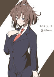 Rule 34 | 1girl, alternate costume, artist name, black jacket, black pants, blue eyes, brown hair, collared shirt, cowboy shot, dated, dress shirt, formal, hand on own chest, highres, jacket, kantai collection, long hair, messy hair, necktie, pant suit, pants, red necktie, sheffield (kancolle), shirt, signature, solo, suit, suit jacket, taira yuuki, white shirt