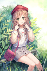 Rule 34 | 1girl, :3, artist name, bag, bang dream!, bare legs, beret, blush, brown hair, buckle, bush, casual, closed mouth, collarbone, day, earrings, feet out of frame, fur sleeves, green eyes, grey skirt, handbag, hat, imai lisa, jewelry, leaf, long sleeves, looking at viewer, miniskirt, outdoors, plaid, plaid skirt, plant, red hat, roang, shirt, sitting, skirt, smile, smug, solo, symbol-shaped pupils, v-shaped eyebrows, wavy hair, white shirt