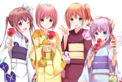 Rule 34 | 10s, 4girls, :d, ahoge, blue eyes, blue kimono, blush, bow, brown hair, candy apple, character request, closed mouth, commentary request, cotton candy, fang, food, fried squid, green eyes, hair bow, hand up, holding, japanese clothes, kimono, kinchaku, looking at viewer, multiple girls, na53, obi, one eye closed, open mouth, orange hair, pink bow, pink hair, pouch, purple eyes, purple hair, red eyes, red kimono, sash, slow start, smile, standing, swimsuit, twintails, w, white background, white bow, yellow kimono