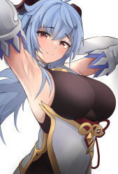 Rule 34 | 1girl, ahoge, armpits, arms behind head, bare shoulders, bell, blue hair, bodystocking, bodysuit, breasts, brown bodysuit, chinese knot, closed mouth, cowbell, curled horns, detached sleeves, flower knot, ganyu (genshin impact), genshin impact, goat horns, gold trim, highres, horns, impossible bodysuit, impossible clothes, large breasts, leotard, leotard under clothes, light smile, long hair, looking at viewer, low ponytail, multicolored eyes, neck bell, purple eyes, red rope, rope, sidelocks, simple background, smile, solo, stretching, sweat, tassel, umber00, upper body, vision (genshin impact), waist cape, white background, white sleeves