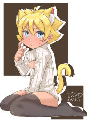 Rule 34 | 10s, 1boy, ahoge, animal ears, black thighhighs, blonde hair, blue eyes, blush, boruto: naruto next generations, bottomless, cat boy, cat ears, cat tail, cleavage cutout, clothing cutout, dated, full body, highres, kanchaji, looking at viewer, male focus, meme attire, naruto, naruto (series), open-chest sweater, ribbed sweater, signature, sitting, solo, sweater, tail, thighhighs, turtleneck, uzumaki boruto, wariza