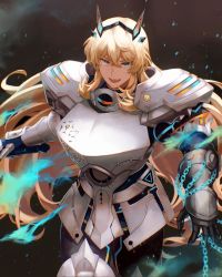 Rule 34 | 1girl, armor, blonde hair, breastplate, chain, barghest (fate), barghest (first ascension) (fate), fate/grand order, fate (series), faulds, gloves, greaves, green eyes, heterochromia, highres, horns, kankitsurui (house of citrus), long hair, open mouth, orange eyes, pauldrons, shoulder armor, solo, sword hilt