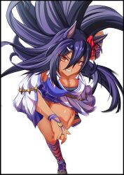 Rule 34 | 1girl, absurdres, animal ears, black hair, blue footwear, blue shirt, breasts, cleavage, clenched teeth, commentary request, dark-skinned female, dark skin, ear ornament, eve on k, hair between eyes, hair ornament, hairclip, highres, hishi amazon (umamusume), horse ears, horse girl, horse tail, large breasts, long hair, long sleeves, o-ring, running, sandals, shirt, simple background, skirt, solo, tail, teeth, two-tone shirt, umamusume, v-shaped eyebrows, very long hair, white background, white shirt