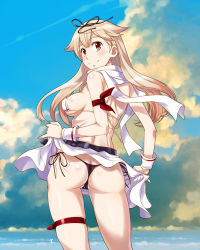 Rule 34 | 1girl, arm ribbon, ass, bikini, black ribbon, blonde hair, blush, breasts, brown eyes, cameltoe, cleft of venus, closed mouth, cloud, commentary request, covered erect nipples, day, from behind, hair flaps, hair ribbon, kantai collection, long hair, looking back, medium breasts, outdoors, red ribbon, ribbon, sameha ikuya, scarf, side-tie bikini bottom, sky, smile, solo, strap gap, swimsuit, thigh strap, thong bikini, water, white scarf, wrist cuffs, yuudachi (kancolle), yuudachi kai ni (kancolle)