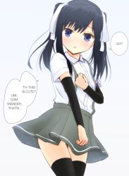 Rule 34 | 10s, 1girl, alternate hairstyle, arm warmers, asashio (kancolle), black hair, black thighhighs, blouse, blue eyes, blush, buttons, collared shirt, commentary, hair ribbon, hand on own chest, hard-translated, kantai collection, long hair, looking at viewer, open mouth, pleated skirt, ribbon, school uniform, shirt, short sleeves, simple background, skirt, solo, suspenders, thighhighs, third-party edit, translated, twintails, uniform, usagikoya, white background, white shirt, zettai ryouiki
