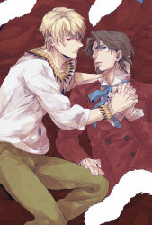 Rule 34 | 2boys, blonde hair, blue eyes, bracelet, brown hair, cape, couple, facial hair, fate/zero, fate (series), formal, fur trim, gilgamesh (fate), goatee, holding hands, interlocked fingers, interlocked hands, jewelry, male focus, multiple boys, necklace, official alternate costume, ouka ac, red eyes, suit, tohsaka tokiomi, yaoi