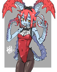 Rule 34 | 1girl, black bow, black bowtie, black hairband, black pantyhose, blue skin, border, bow, bow hairband, bowtie, breasts, chiwa (fcwv5738), claws, colored skin, covered navel, dragon girl, dragon horns, dragon tail, fewer digits, grin, hairband, highleg, highleg leotard, highres, horns, leotard, looking at viewer, making-of available, medium hair, monster girl, multiple tails, original, outside border, pantyhose, playboy bunny, pointy ears, red hair, sharp teeth, small breasts, smile, solo, tail, teeth, white border, yellow eyes
