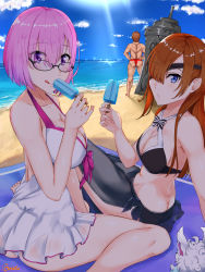 Rule 34 | 1boy, bare shoulders, blue eyes, breasts, brown hair, caruta, eyepatch, fate/grand order, fate (series), glasses, hair over one eye, huge weapon, large breasts, light purple hair, long hair, long sideburns, looking at viewer, male swimwear, mash kyrielight, mash kyrielight (swimsuit of perpetual summer), multiple girls, muscular, napoleon bonaparte (fate), official alternate costume, open mouth, ophelia phamrsolone, purple eyes, purple hair, red male swimwear, short hair, sideburns, swim briefs, swimsuit, weapon