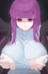 Rule 34 | 1girl, :t, alternate breast size, anger vein, black background, black robe, blunt bangs, breasts, closed mouth, commentary, dress, fern (sousou no frieren), frilled dress, frills, grabbing, grabbing another&#039;s breast, highres, huge breasts, kono (xerondan321), long hair, looking at viewer, pout, pov, pov hands, purple eyes, purple hair, purple pupils, robe, simple background, solo focus, sousou no frieren, straight hair, white dress