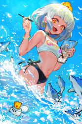 Rule 34 | 1girl, :d, animal, bare shoulders, bikini, black bikini, black collar, blue sky, breasts, canking, collar, commentary request, day, dolphin, earrings, grey hair, hands up, holding, holding stylus, hoop earrings, jewelry, navel, open mouth, orange eyes, original, outdoors, side-tie bikini bottom, sky, small breasts, smile, solo, standing, stylus, swimsuit, tablet pc, teeth, upper teeth only, water