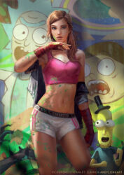 Rule 34 | 1boy, 1girl, absurdres, alternate hairstyle, andy liong, brown eyes, brown hair, commentary, contrapposto, crop top, english commentary, graffiti, hair over shoulder, hand wraps, hat, highres, midriff, morty smith, mural, navel, off shoulder, paint on body, paint on clothes, rick and morty, rick sanchez, short shorts, shorts, summer smith, top hat