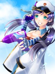 Rule 34 | 1girl, aqua eyes, artist name, artist request, blue gloves, blue sky, blush, breasts, buttons, cloud, collarbone, day, female focus, fingerless gloves, floating hair, gloves, green eyes, hair ornament, hair scrunchie, highres, holding, holding water gun, jacket, long hair, long twintails, looking at viewer, love live!, love live! school idol festival, love live! school idol project, low twintails, medium breasts, outdoors, parted lips, purple hair, scrunchie, sky, smile, solo, star (symbol), star print, teeth, text focus, tojo nozomi, twintails, water gun, white headwear, white jacket, white scrunchie, wing collar