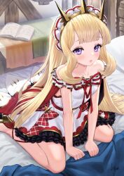 Rule 34 | 1girl, alternate costume, bare shoulders, bed sheet, blonde hair, book, breasts, cagliostro (granblue fantasy), collarbone, commentary request, dress, granblue fantasy, highres, lips, long hair, looking at viewer, on bed, parted lips, purple eyes, sitting, small breasts, solo, thighs, tiara, white dress, yapo (croquis side)