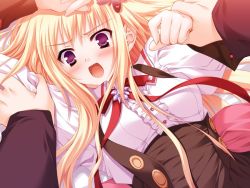 Rule 34 | 00s, 1girl, angry, blonde hair, blue eyes, blush, bug, butterfly, game cg, hair ornament, hairclip, holding another&#039;s wrist, insect, kisaragi mifuyu, long hair, lump of sugar, lying, male hand, moekibara fumitake, non-web source, on back, open mouth, purple eyes, restrained, ribbon, school uniform, solo focus, tayutama, tears