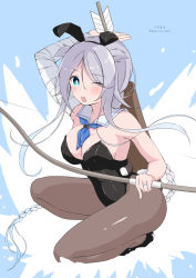 Rule 34 | 1girl, animal ears, arrow (projectile), bandages, black footwear, black leotard, blue eyes, blue neckerchief, bow (weapon), braid, breasts, brown pantyhose, cleavage, commentary request, detached collar, fake animal ears, hair flaps, high heels, highres, kantai collection, leotard, long hair, looking at viewer, medium breasts, neckerchief, one eye closed, pantyhose, playboy bunny, quiver, rabbit ears, rabbit tail, saburou hiji, silver hair, single braid, solo, strapless, strapless leotard, tail, umikaze (kancolle), umikaze kai ni (kancolle), very long hair, weapon