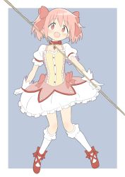Rule 34 | 1girl, :d, absurdres, blue background, border, bow, brooch, bubble skirt, choker, donguri suzume, dress, full body, gloves, hair bow, highres, holding, jewelry, kaname madoka, kneehighs, looking at viewer, mahou shoujo madoka magica, mahou shoujo madoka magica (anime), open mouth, pink dress, pink eyes, pink hair, puffy short sleeves, puffy sleeves, red bow, red choker, red footwear, shoes, short dress, short hair, short sleeves, simple background, skirt, smile, socks, solo, two side up, white border, white gloves, white skirt, white socks