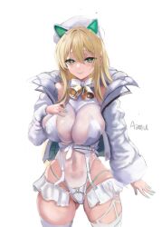 Rule 34 | 1girl, absurdres, aimu (angry9565), animal ears, artist name, bell, blonde hair, breasts, cleavage, closed mouth, covered erect nipples, cowboy shot, cropped jacket, fake animal ears, fur-trimmed headwear, fur-trimmed sleeves, fur trim, gluteal fold, goddess of victory: nikke, green eyes, green nails, green panties, hair between eyes, hair intakes, hair ornament, heart, heart-shaped pupils, highres, jacket, jingle bell, large breasts, leotard, light blush, long hair, nail polish, neck bell, open clothes, open jacket, panties, rupee (nikke), rupee (winter shopper) (nikke), see-through, see-through cleavage, simple background, skindentation, smile, solo, string panties, symbol-shaped pupils, thighhighs, underwear, white background, white jacket, white leotard, white thighhighs