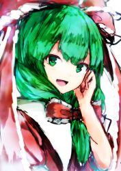 1girl absurdres bow front_ponytail green_eyes green_hair hair_bow hair_ribbon highres kagiyama_hina kushidama_minaka looking_at_viewer one-hour_drawing_challenge red_bow red_ribbon ribbon solo touhou