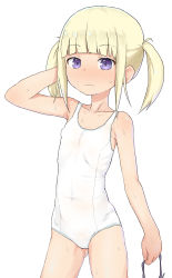 Rule 34 | 1girl, arm behind head, bare arms, bare shoulders, blonde hair, blunt bangs, blush, contrapposto, cowboy shot, flat chest, gluteal fold, hand up, highres, holding, looking at viewer, navel, nipples, one-piece swimsuit, original, purple eyes, short hair, simple background, solo, standing, sweat, sweatdrop, swimsuit, twintails, white background, white one-piece swimsuit, yakihebi