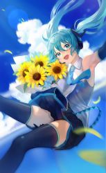 Rule 34 | 1girl, asahi yuuji, black thighhighs, falling, flower, green eyes, hatsune miku, highres, necktie, open mouth, sky, smile, solo, sunflower, thighhighs, twintails, vocaloid