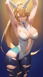 Rule 34 | 1girl, absurdres, animal ears, armpits, arms up, artoria pendragon (all), artoria pendragon (fate), artoria pendragon (swimsuit ruler) (fate), blonde hair, blue necktie, blue pantyhose, blush, breasts, cleavage, detached collar, fake animal ears, fate/grand order, fate (series), gradient background, green eyes, groin, highres, large breasts, leotard, looking at viewer, navel, necktie, pantyhose, playboy bunny, plunging neckline, ponytail, rabbit ears, rororo, sidelocks, simple background, smile, solo, torn clothes, torn pantyhose, white leotard