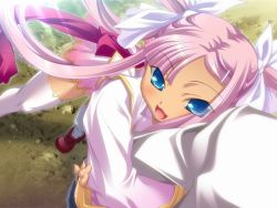 Rule 34 | 1girl, arm grab, blue eyes, cropped jacket, from above, game cg, hikage eiji, hug, koihime musou, long hair, looking up, male hand, midriff, outdoors, pink hair, pov, ribbon, skirt, sonshoukou, thighhighs, twintails