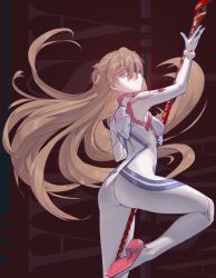 Rule 34 | 1girl, absurdres, artist request, ass, blue eyes, bodysuit, breasts, brown hair, evangelion: 3.0+1.0 thrice upon a time, eyepatch, highres, holding, holding weapon, lance of longinus (evangelion), long hair, looking at viewer, looking back, medium breasts, neon genesis evangelion, plugsuit, polearm, rebuild of evangelion, red background, shiny clothes, solo, souryuu asuka langley, thighs, very long hair, weapon, white bodysuit