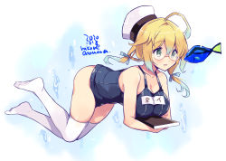 Rule 34 | 1girl, ahoge, animal, black one-piece swimsuit, blonde hair, blush, book, breasts, cleavage, collarbone, dated, fish, glasses, gradient hair, green eyes, hair between eyes, hat, i-8 (kancolle), kantai collection, large breasts, long hair, low twintails, multicolored hair, name tag, odawara hakone, one-piece swimsuit, peaked cap, red-framed eyewear, school swimsuit, solo, swimsuit, thighhighs, twintails, twitter username, white hat, white thighhighs