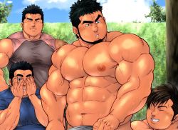 Rule 34 | 4boys, abs, bara, bare pectorals, bare shoulders, black hair, brown hair, covering one eye, closed eyes, facial hair, goatee, large pectorals, looking at another, male focus, manly, multiple boys, muscular, navel, nipples, original, pectorals, peeking, short hair, sideburns, sleeveless, smile, stubble, terujirou (masateruteru), thick eyebrows, tight clothes, undressing
