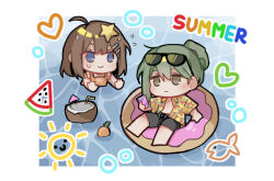 1boy 1girl ahoge barefoot black_male_swimwear blue_eyes brown_hair can chibi coconut_cup collared_shirt donut_innertube expressionless eyewear_on_head floral_print_shirt green_eyes green_hair hair_bun hair_ornament hairclip hawaiian_shirt hod_(project_moon) holding holding_can library_of_ruina male_swimwear medium_hair netzach_(project_moon) on_water one-piece_swimsuit open_clothes open_shirt orange_one-piece_swimsuit partially_submerged project_moon ryo_(user_pgxs3373) shirt short_sleeves smile star_(symbol) star_hair_ornament sunglasses sweat swim_trunks swimsuit yellow_shirt