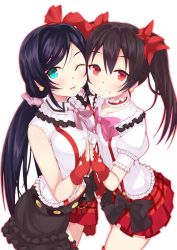 Rule 34 | 10s, 2girls, belt, black hair, bokura wa ima no naka de, bow, cheek-to-cheek, choker, earrings, fingerless gloves, gloves, green eyes, grin, hair bow, heads together, jewelry, long hair, love live!, love live! school idol project, multiple girls, one eye closed, ponkotsu (ayarosu), scrunchie, skirt, smile, tojo nozomi, transparent background, twintails, very long hair, wink, yazawa nico