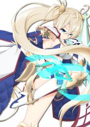 Rule 34 | 1girl, absurdres, armor, bikini, blonde hair, blue bikini, blue eyes, boots, bradamante (fate), bradamante (third ascension) (fate), braid, breasts, coat, crown braid, elbow gloves, energy barrier, energy shield, epaulettes, fate/grand order, fate (series), faulds, gloves, hair between eyes, hair ornament, highleg, highres, hoshimi sachi, jacket, jacket on shoulders, knee boots, knee up, large breasts, long hair, looking at viewer, open clothes, open coat, scepter, simple background, smile, solo, swimsuit, thigh strap, thighs, twintails, two-tone bikini, very long hair, white background, white bikini, white coat