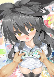 Rule 34 | 1boy, 1girl, animal ears, black hair, black thighhighs, blush, breasts, char, collarbone, commentary request, grabbing, grabbing another&#039;s breast, hair between eyes, head tilt, hetero, highres, lightning bolt symbol, long hair, looking at viewer, medium breasts, necro-san, nose blush, open mouth, original, out of frame, panties, print shirt, shirt, short sleeves, solo focus, striped clothes, striped panties, sweat, thighhighs, underwear, very long hair, white shirt, yellow eyes
