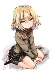 Rule 34 | 1girl, black footwear, black skirt, black socks, blonde hair, blue eyes, closed mouth, commentary, fang, girls und panzer, green jacket, harino646, insignia, jacket, katyusha (girls und panzer), light blush, light frown, long sleeves, looking at viewer, miniskirt, one-hour drawing challenge, pleated skirt, pravda school uniform, red shirt, school uniform, shirt, shoes, short hair, simple background, sitting, skirt, socks, solo, squatting, turtleneck, wariza, white background